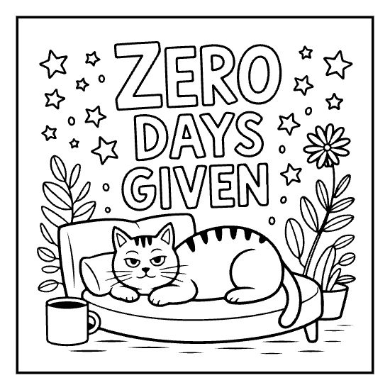 Lying cat on a bed with inspirational text and stars in a bold and easy coloring page.
