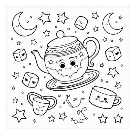 Cute smiling teapot and cups surrounded by stars and moons in a whimsical tea party coloring page.