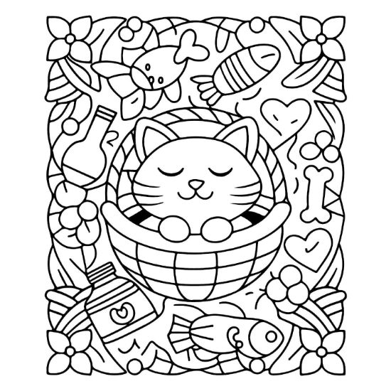 A sleeping cat in a basket surrounded by fish, hearts, and flowers on a detailed coloring sheet.