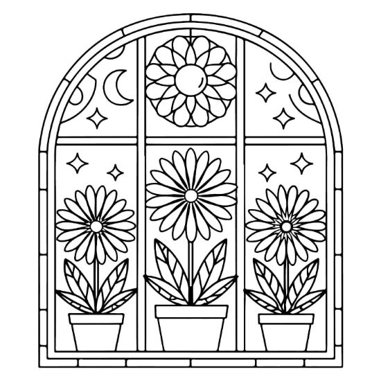 Arched window with potted daisies, stars, and celestial moons in a stained glass style coloring page.