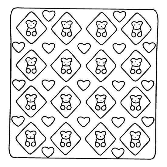 Hand drawn pattern featuring gummy bears and small hearts in a repeating diamond grid coloring page.