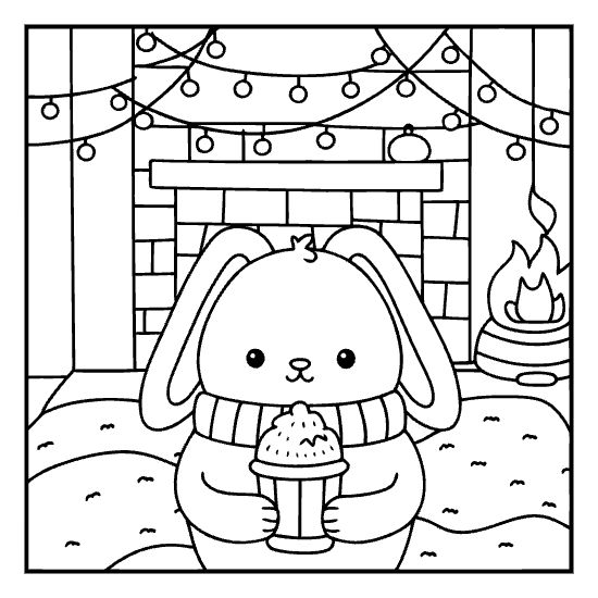 Cute bunny holding a warm drink by a cozy fireplace with string lights coloring page