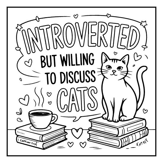 A cat sitting on books with coffee and funny text makes an introverted theme coloring page.