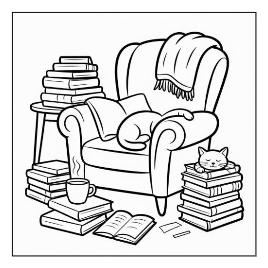 Cozy armchair surrounded by stacks of books and sleeping cats in a simple, hand-drawn coloring sheet.