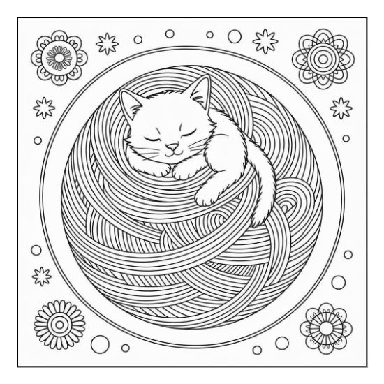Sleeping kitten curled on a yarn ball surrounded by flowers and a circular frame mandala