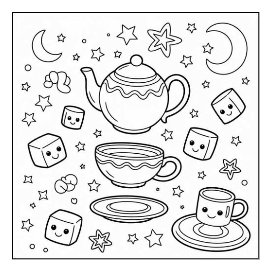 Whimsical tea set surrounded by smiling sugar cubes and celestial stars in a bold and easy coloring page.
