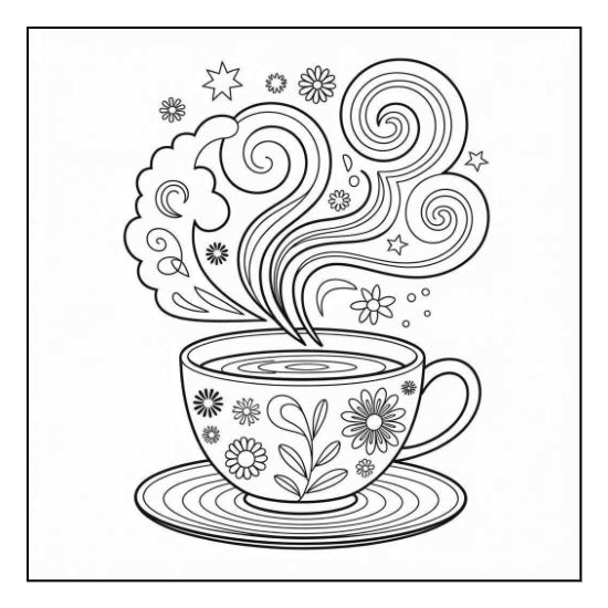 A floral teacup with swirling steam and whimsical patterns is shown in this detailed adult coloring page.