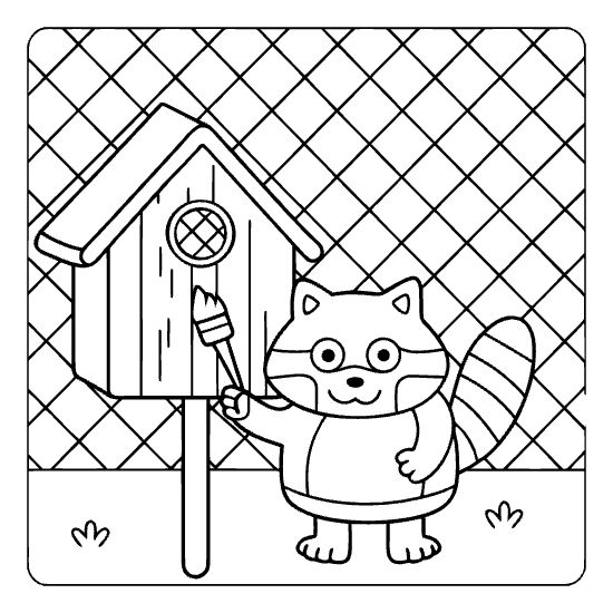 A raccoon painting a wooden birdhouse against a diamond patterned background in this bold and easy coloring page.