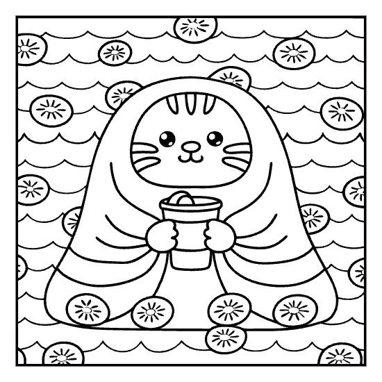 A cute cat wrapped in a wavy blanket holding a coffee mug on a floral wallpaper coloring page.