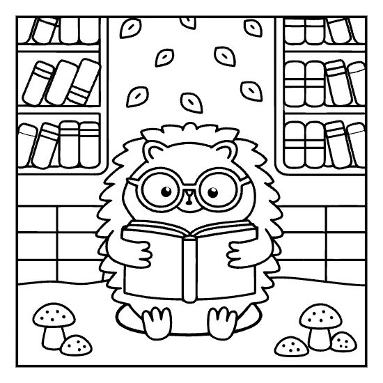 Cute hedgehog wearing glasses and reading a book in a library setting, bold and easy.