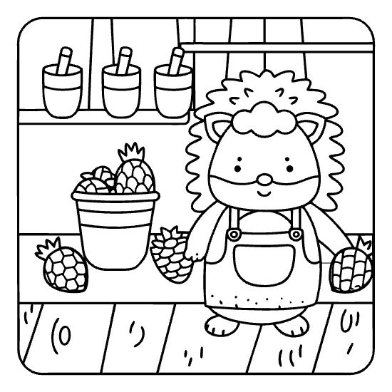 Cartoon hedgehog wearing an apron while harvesting pinecones in a simple interior setting coloring page.