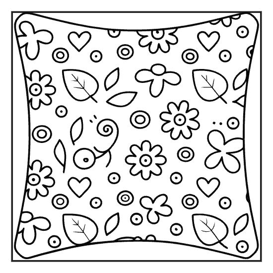 Throw pillow featuring a pattern of hand-drawn flowers, leaves, and hearts on a simple coloring page.