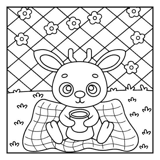 Cartoon deer sits on a plaid blanket with a mug in this bold and easy coloring page
