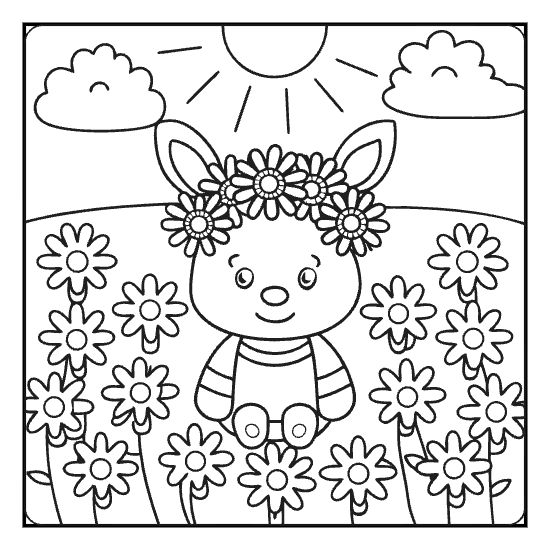 Cutesy deer wearing a flower crown in a sunny daisy field for a relaxing coloring page.