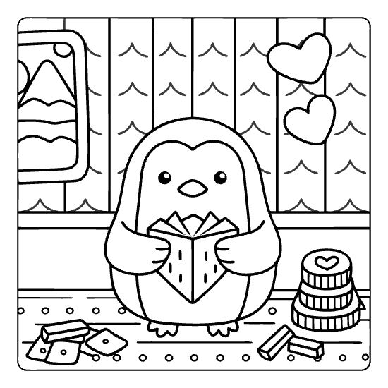 Cute penguin holding a slice of cake surrounded by hearts and treats on this festive coloring page.