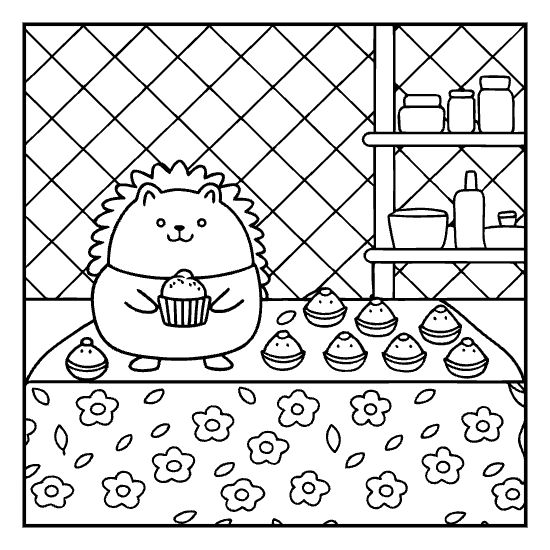 A cute hedgehog baker holds a cupcake in a kitchen with floral patterns on this coloring page.