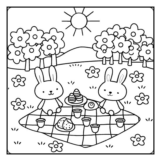 Two cute bunnies enjoy a picnic on a sunny day in this simple outdoor coloring page.