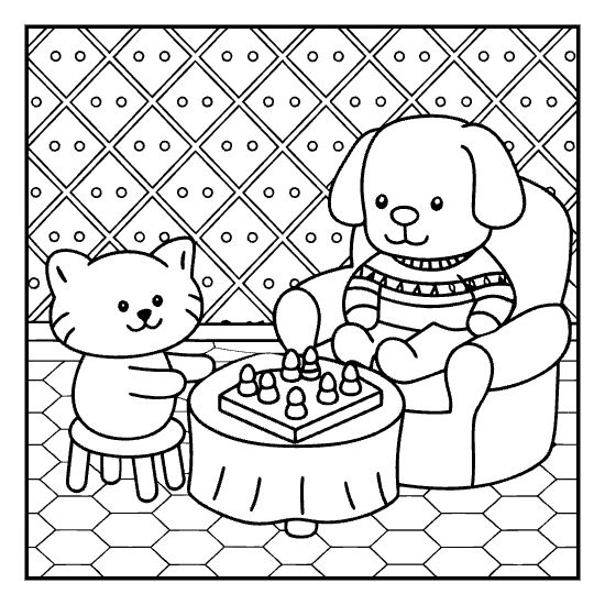 Cute cat and dog playing chess in a cozy room with patterned wallpaper, bold and easy.