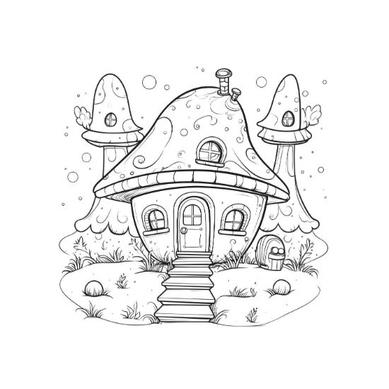 Whimsical mushroom house with spiral patterns and stairs set in a fairy garden landscape coloring page.