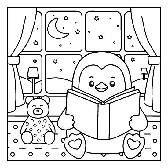 Cute penguin reading a book at night by a window with a teddy bear coloring page.