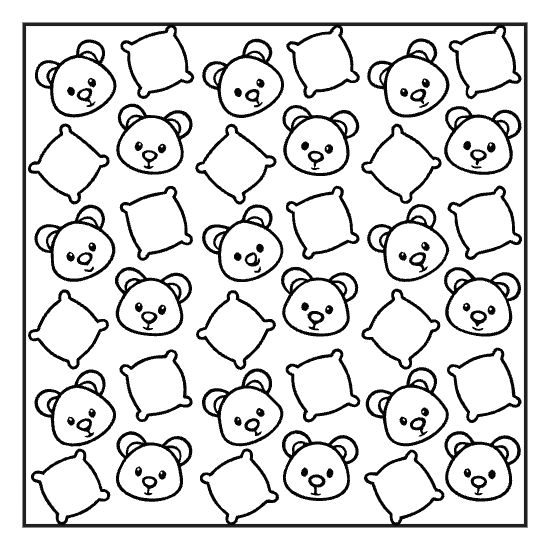 Cute teddy bear heads and pillows arranged in a repetitive pattern for a bold and easy coloring page.