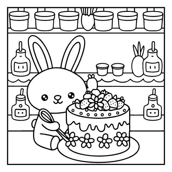 Cute bunny character decorating a floral fruit cake in a kitchen setting bold and easy