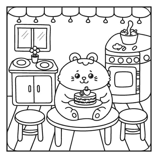 Cute hamster holding a birthday cake in a cozy kitchen setting on this whimsical coloring page.