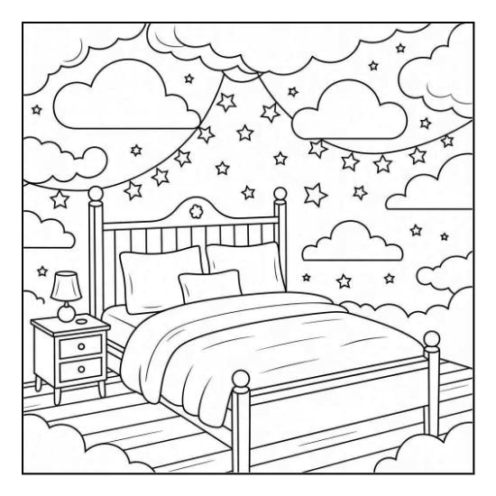 Cozy bed in a dreamlike sky surrounded by fluffy clouds and star garlands coloring page.