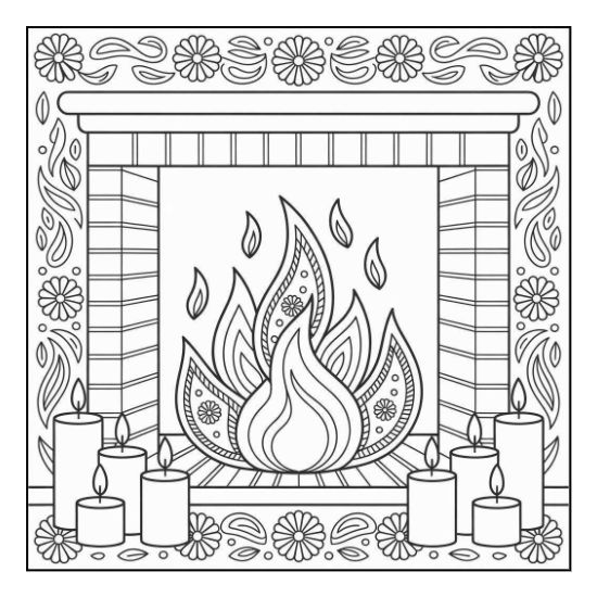 Cozy brick fireplace with patterned flames and surrounding candles in a floral border coloring sheet.