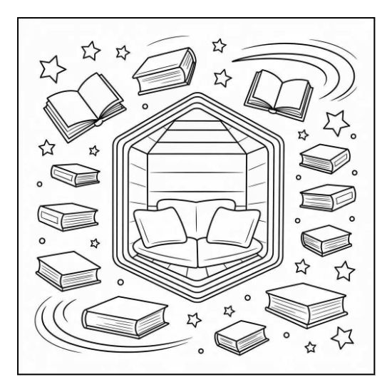 Floating books and stars surround a cozy reading nook in this whimsical and magical coloring sheet.