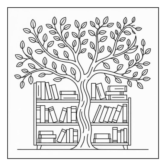 A leafy tree growing through minimalist bookshelves filled with books in a clean line art coloring page.