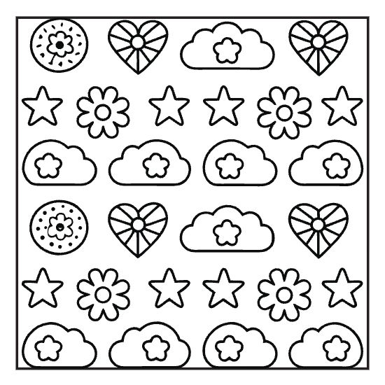Cottage window repeat coloring page with hygge framed view, bold and easy adult cozy page