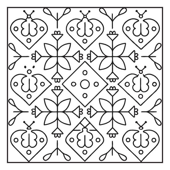 Quilt block pattern coloring page with hygge stitched motif, bold and easy adult cozy page