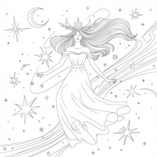 Goddess in a flowing gown drifting among stars beneath a crescent moon on a coloring page