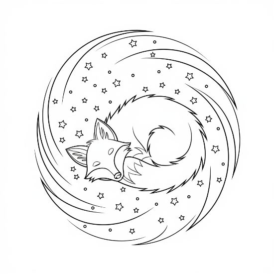 Fox curled asleep inside a swirling spiral of stars and a moon on a coloring page