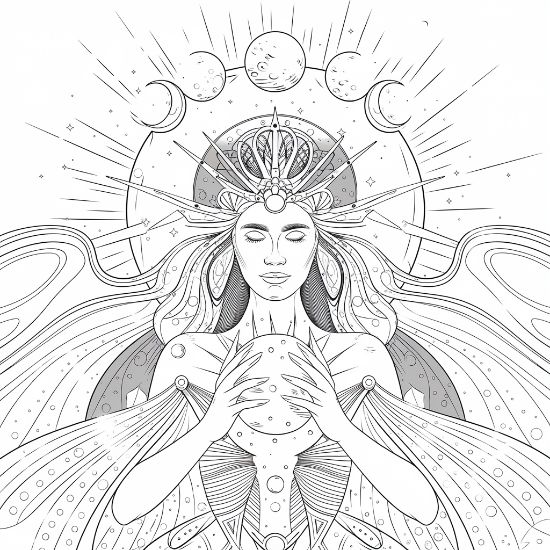 Serene goddess with a crown holding a moon orb below lunar phases and rays on a coloring page