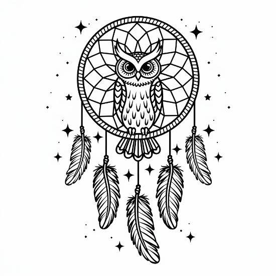 Owl perched in a round dreamcatcher with feathers and stars in a mandala