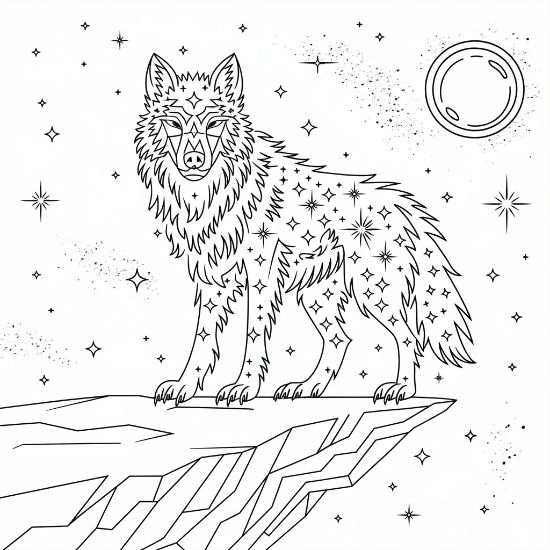 Wolf with a galaxy patterned coat standing on a cliff below a full moon on a coloring page