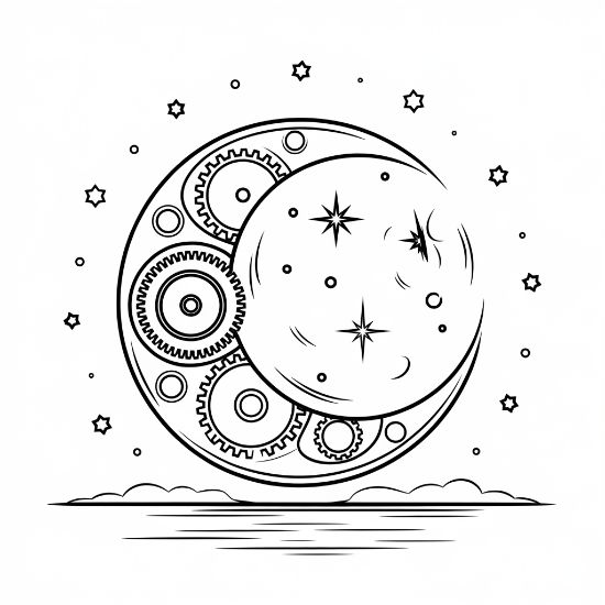 Crescent moon filled with clockwork gears beside a starry moon face on a coloring sheet