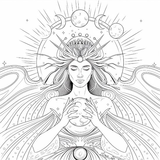 Goddess with a crown holding a moon below glowing rays and lunar phases on a coloring page