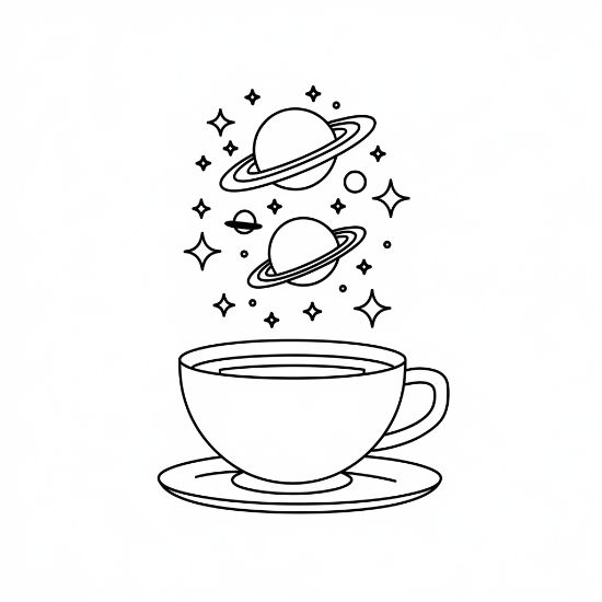 Teacup on a saucer with ringed planets and stars rising above it on a coloring sheet