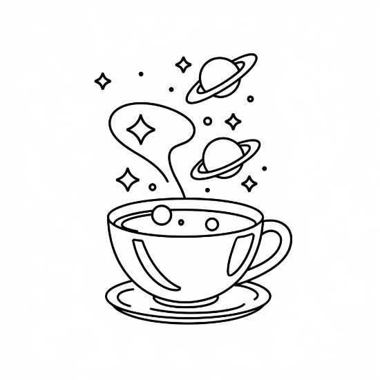 Teacup releasing ringed planets and sparkling stars into the air on a coloring page