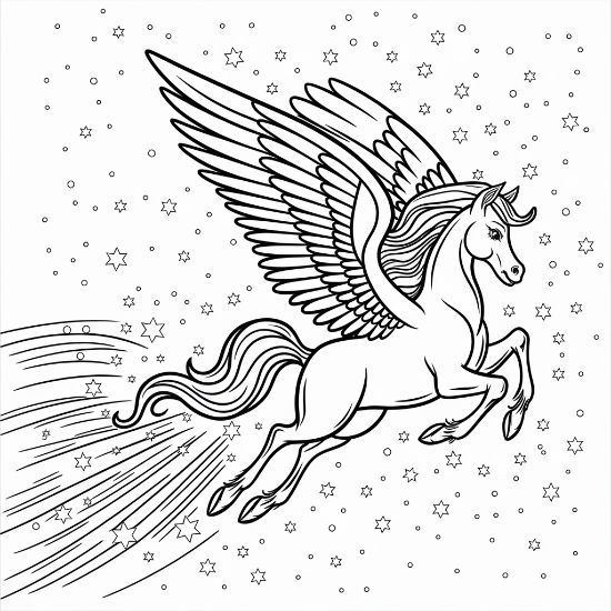 Winged pegasus leaping through a sky of stars with a glittering trail on a coloring page