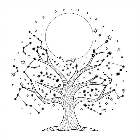 Tree with branches full of stars and constellations beneath a glowing moon on a coloring sheet