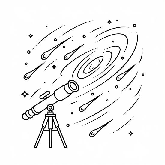 Telescope on a tripod aimed at a spiral galaxy with streaking comets on a coloring sheet