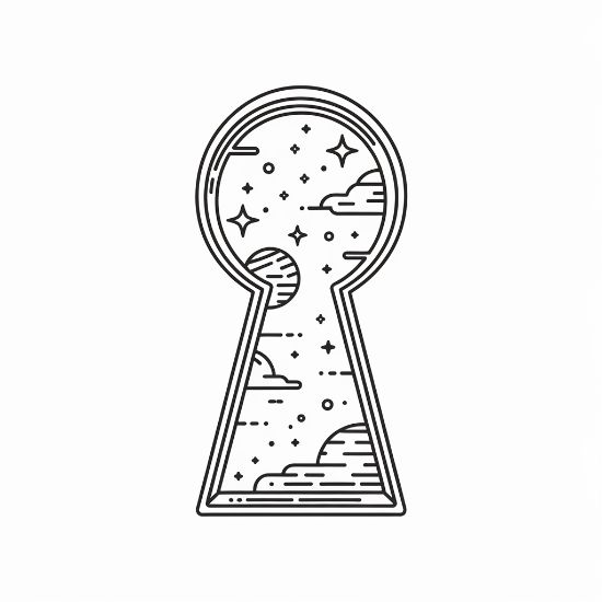 Keyhole shape revealing a starry sky with clouds and a planet on a coloring sheet
