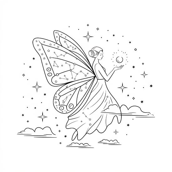 Fairy with constellation wings holding a glowing moon above the clouds on a coloring page