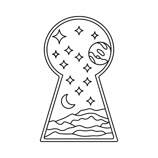 Keyhole opening onto stars a planet and a crescent moon over hills on a coloring sheet