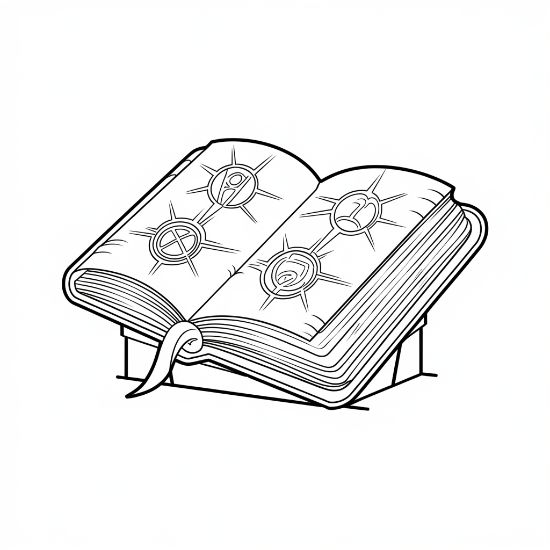 Open book on a stand showing radiant sun symbols across its pages on a coloring page
