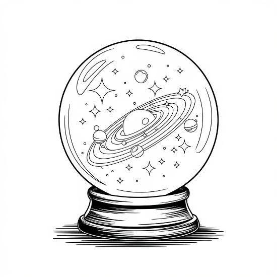 Crystal globe holding a ringed planet and stars resting on a stand on a coloring sheet